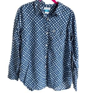 COLUMBIA PFG Blue and White Diamond Ladies Outdoor Button Down Top, M